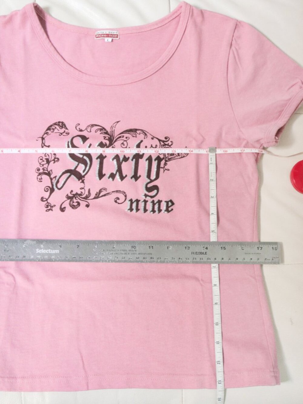 Y2K Baby Pink 69 Calligraphy Tee w/ Round Scoop Neck, Casual T Shirt, Script - Picture 6 of 7